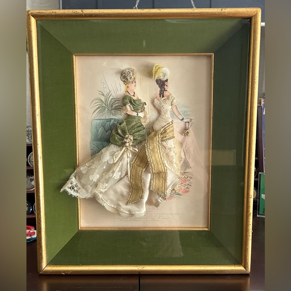 Antique  Le Follet‎ Illustree Fabric Embellished 3-D Shadow Box Print Paris